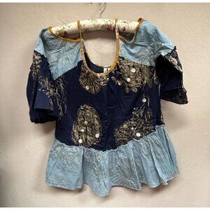 Buby.s Women Embellished Ruffle Blouse Top Cold Shoulder Sleeve Small Navy Gold